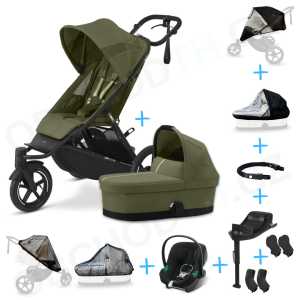 Set 10v1 Cybex Avi Spin Moss Green Gold + korbička Cot S Moss Green Gold + autosedačka Cybex s ISOFIX základnou + adaptéry + pláštěnky + ochranná síť + madlo