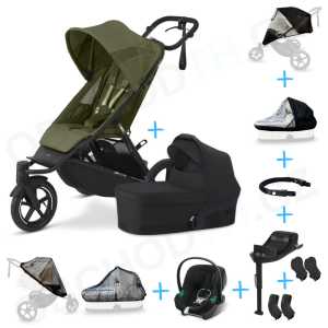 Set 10v1 Cybex Avi Spin Moss Green Gold + korbička Cot S Moon Black + autosedačka Cybex s ISOFIX základnou + adaptéry + pláštěnky + ochranná síť + madlo